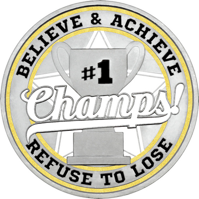 White "Champs!" with Gold Outer Circular Borders